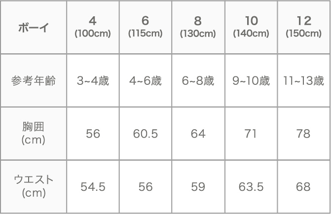 ボーイサイズ表