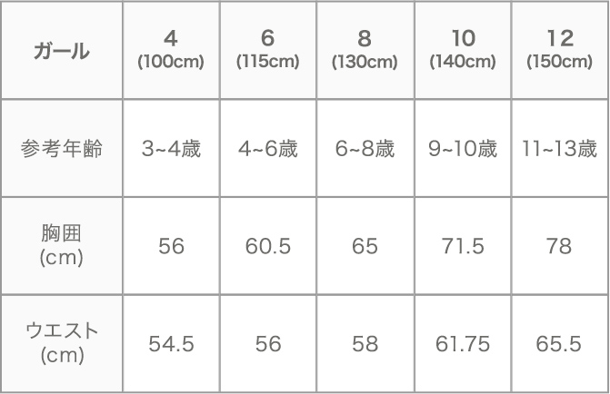 ガールサイズ表