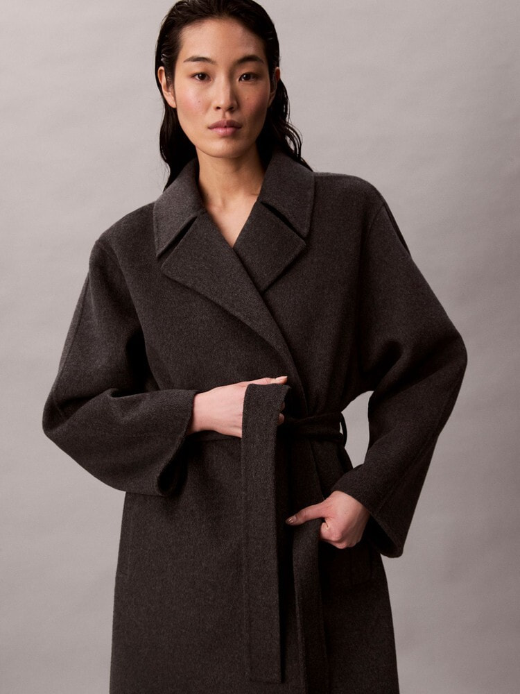 美品　カルバンクライン　ロングコート　ベルテッド　赤茶　ウール100% 9 M 美品 カルバンクライン ロングコート ベルテッド 赤茶 ウール100