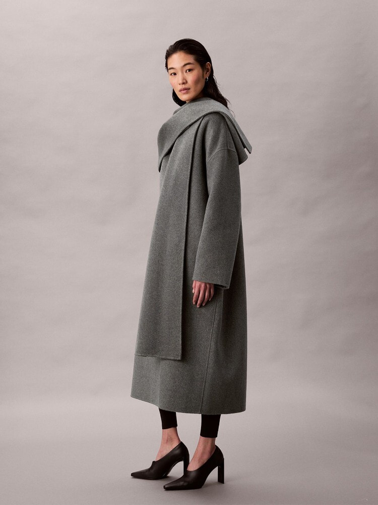 カルバンクライン カシミヤ混 Aライン ロングコート グレー エコファー カシミヤ混／日本製／美シルエット】拘りの細見えIライン