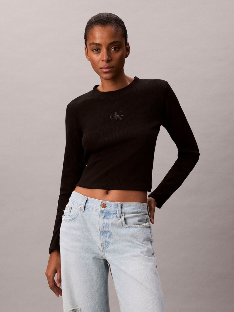 売れ筋商品|||カルバンクライン Tシャツ レディース トップス LABEL SWEATER - Top - black Calvin Klein tシャツ リラックス スタンダード ロングスリーブ