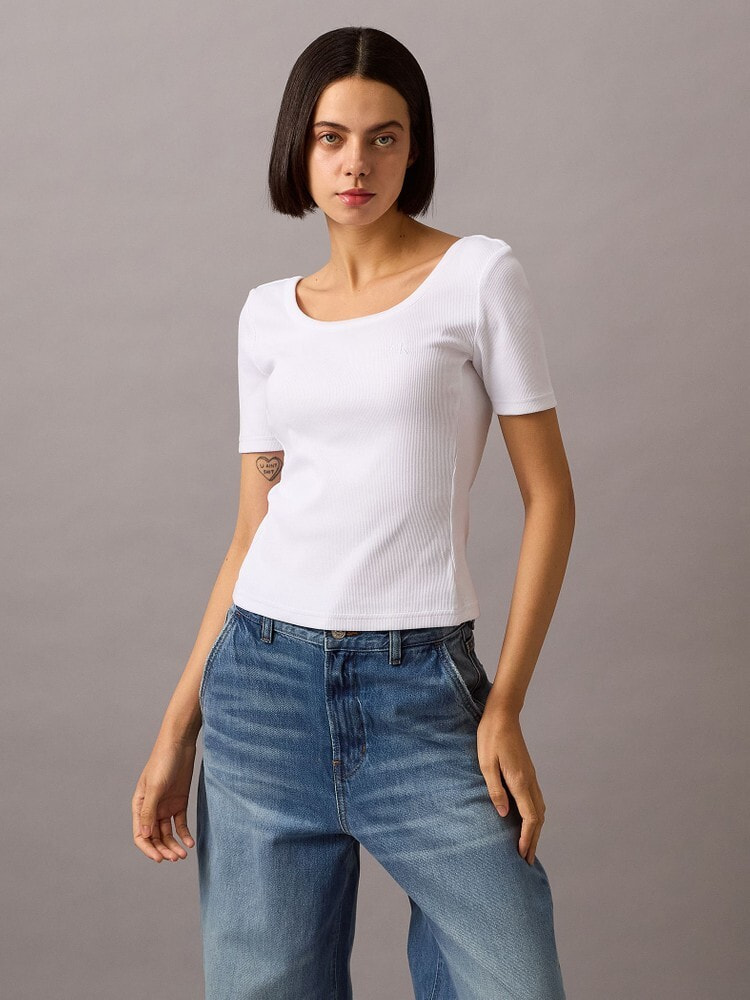 最新情報 Tシャツ - ショートスリーブラウンドネックリブTシャツ トップス