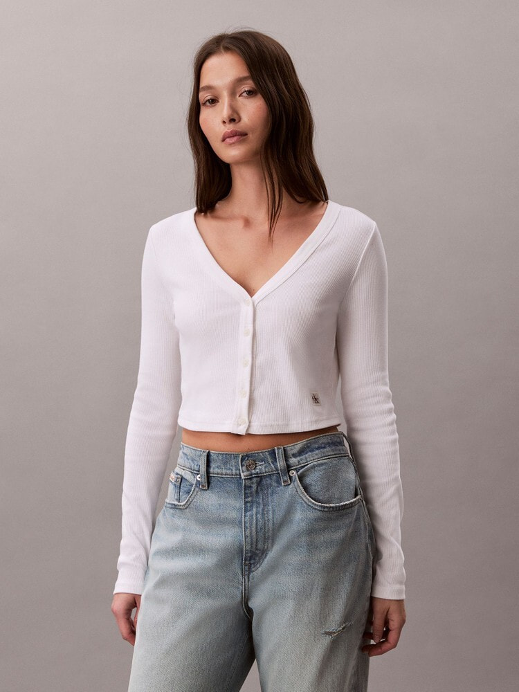 カルバンクライン　ロングスリーブリブコットンカーディガン　クロップド トップス - ロングスリーブリブコットンカーディガン | カルバン