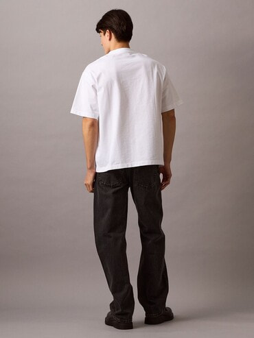 【 】Jeans バック ロゴ クルーネック Tシャツ ♪ セール】 バックロゴプリント 布帛切替 ワイド クルーネック T