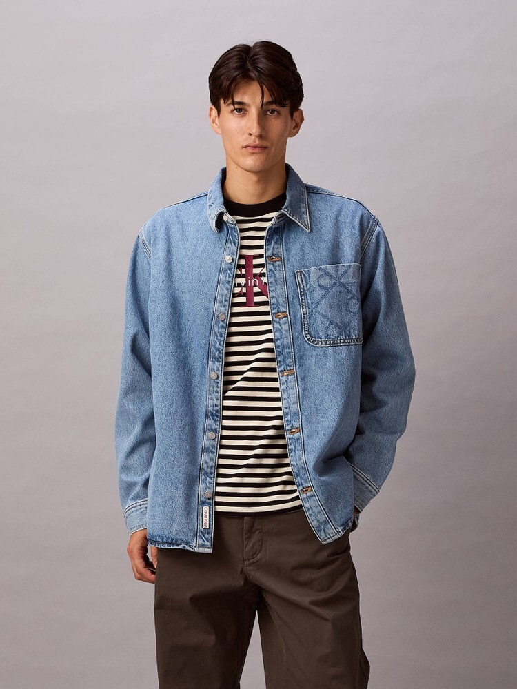  カルバンクライン　クロップドダッドデニムシャツ Calvin Klein◇オーバーサイズ クロップド 半袖 デニム シャツ