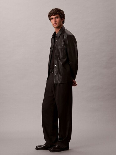 シャツジャケット - ロングスリーブフェイクレザーシャツジャケット