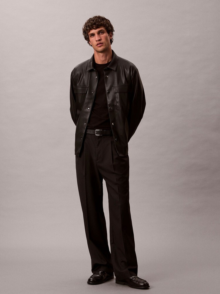 シャツジャケット - ロングスリーブフェイクレザーシャツジャケット