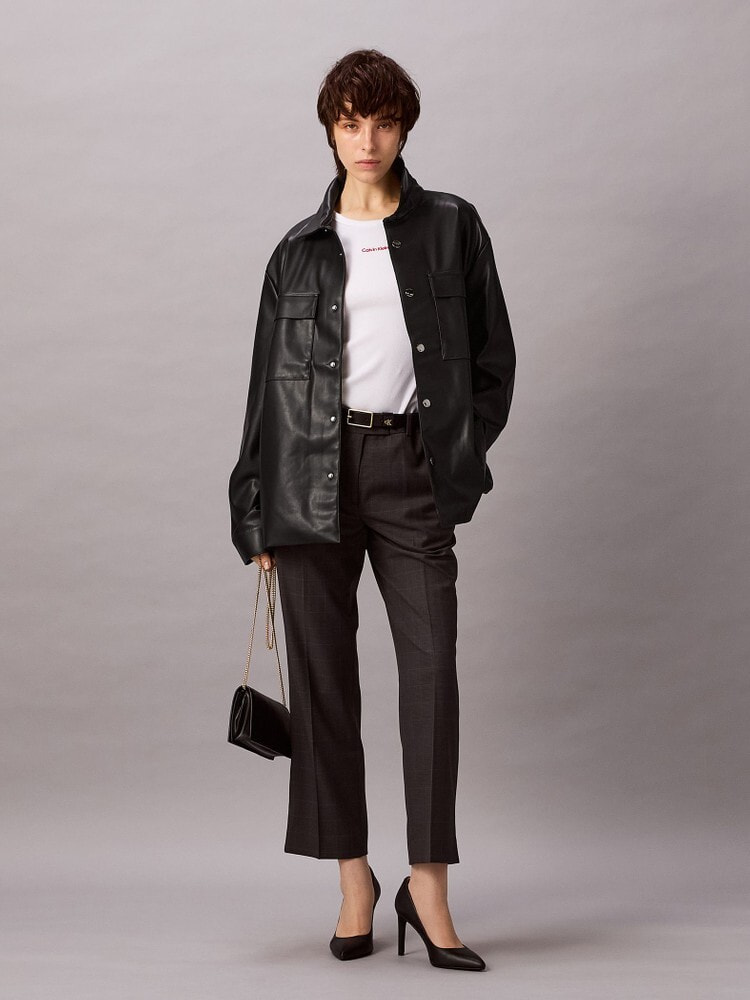 シャツジャケット - ロングスリーブフェイクレザーシャツジャケット