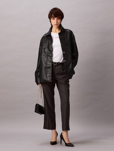 シャツジャケット - ロングスリーブフェイクレザーシャツジャケット