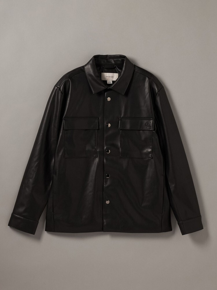 シャツジャケット - ロングスリーブフェイクレザーシャツジャケット