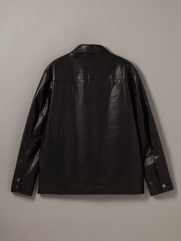 シャツジャケット - ロングスリーブフェイクレザーシャツジャケット